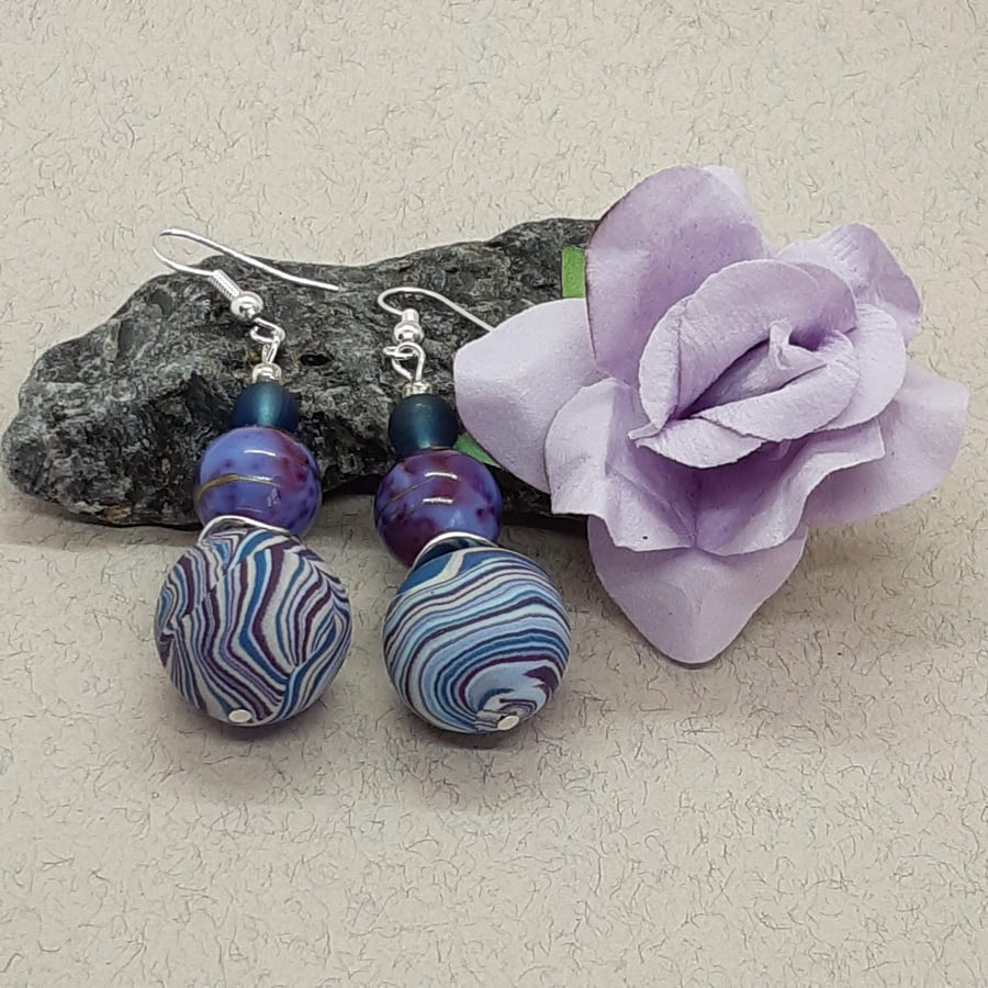 Teal and purple dangly polymer clay earrings
