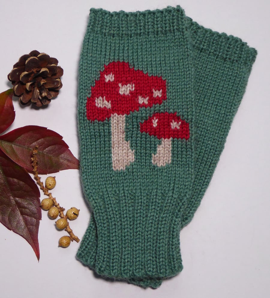 Wool Knitted Fingerless Gloves with a Toadstool Motif