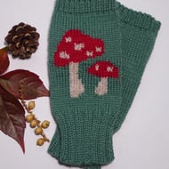 Wool Knitted Fingerless Gloves with a Toadstool Motif