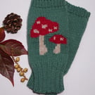 Wool Knitted Fingerless Gloves with a Toadstool Motif