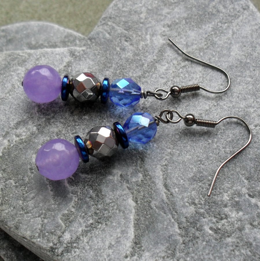 Lilac Quartz Haematite and Czech Glass Earrings