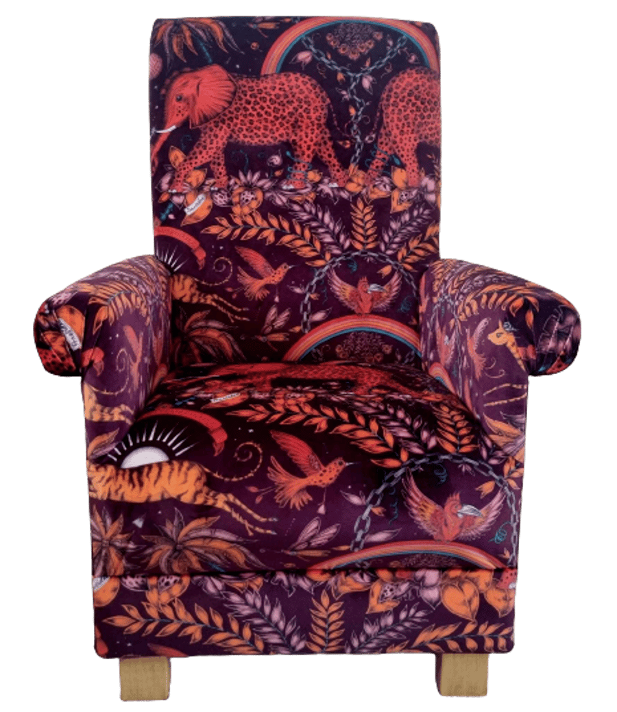 Emma Shipley Zambezi Red Velvet Fabric Adult Chair Armchair Elephants Animals
