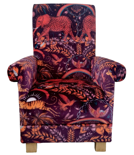 Emma Shipley Zambezi Red Velvet Fabric Adult Chair Armchair Elephants Animals