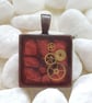 Hand Painted Red Steampunk Cog Resin Pendant - Square Necklace - Image 1