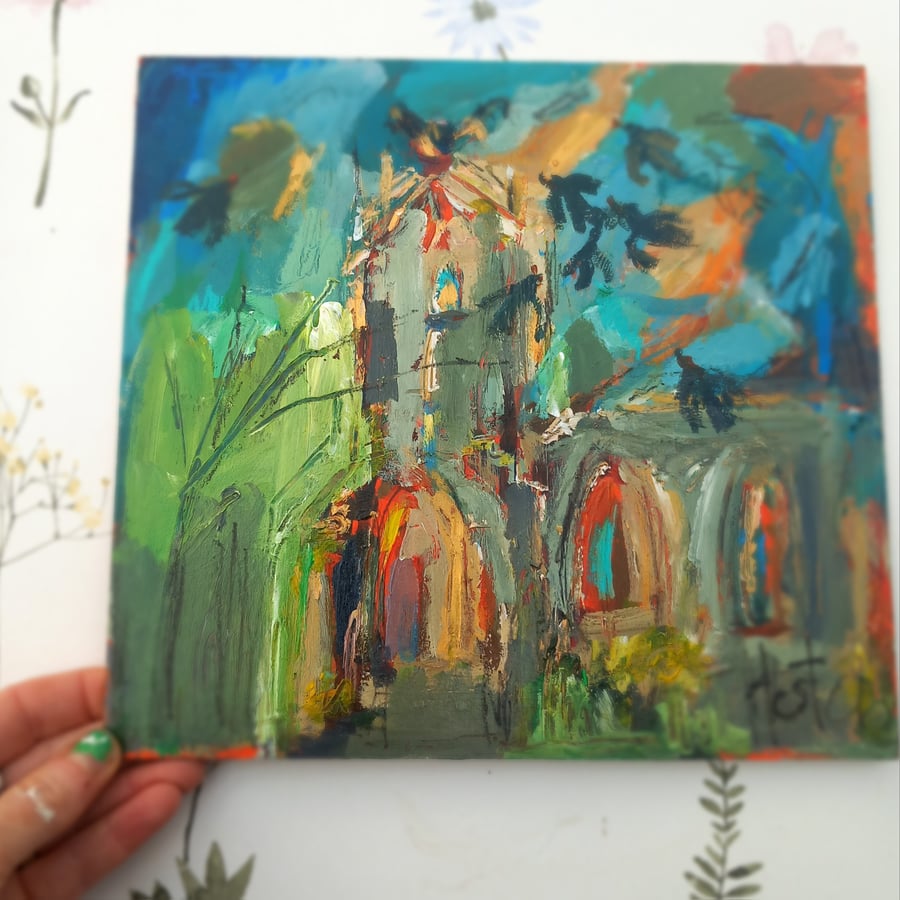 'Birds over the church'  painting on wood 