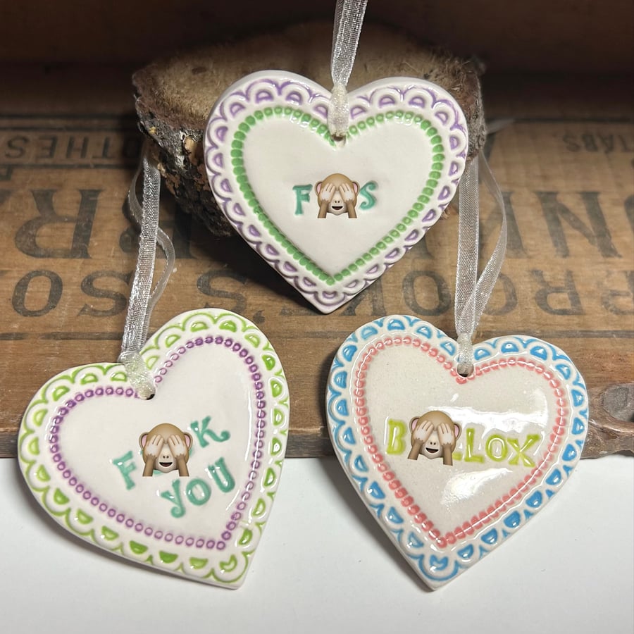Perfectly imperfect set of three Small Ceramic heart decoration Swear words 