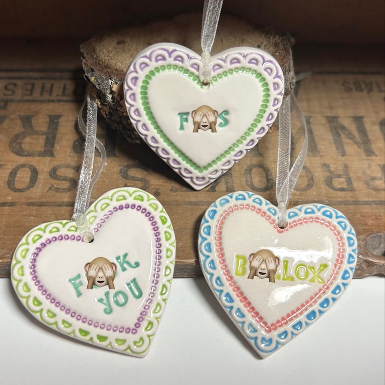 Perfectly imperfect set of three Small Ceramic heart decoration Swear words 