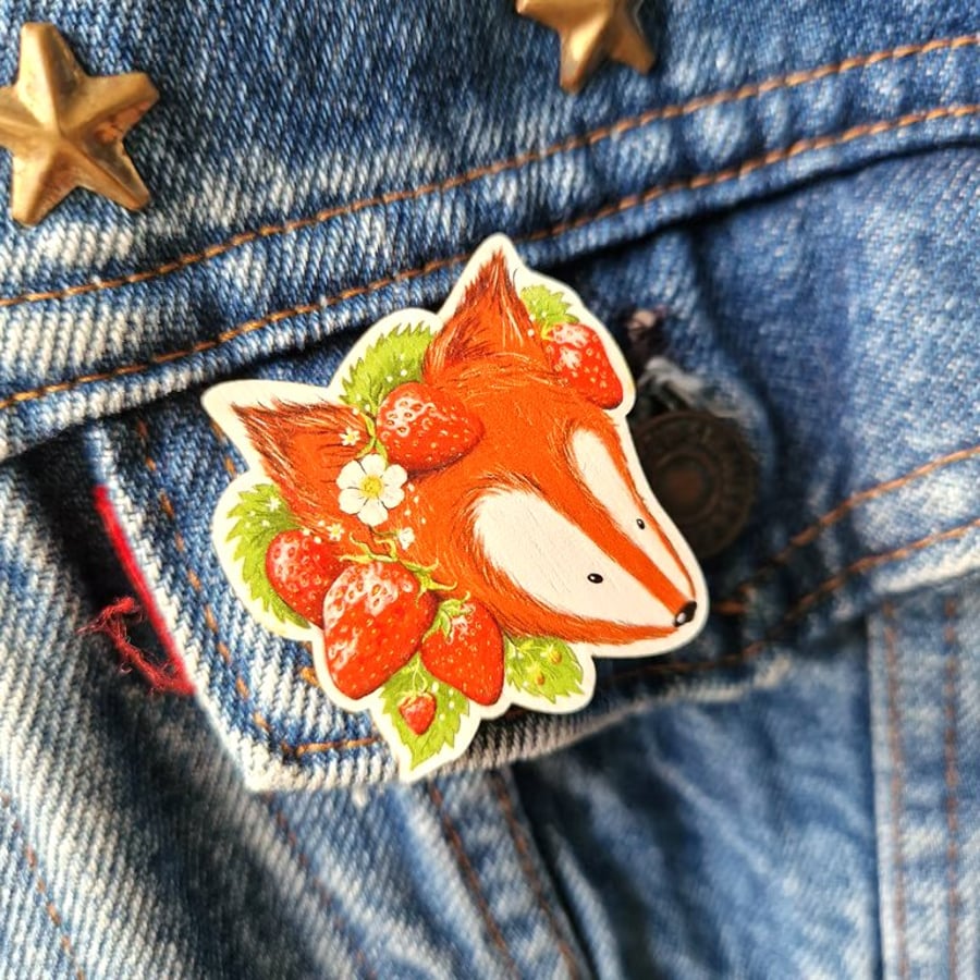 Wooden Pin Badge Brooch - Strawberry Fox 