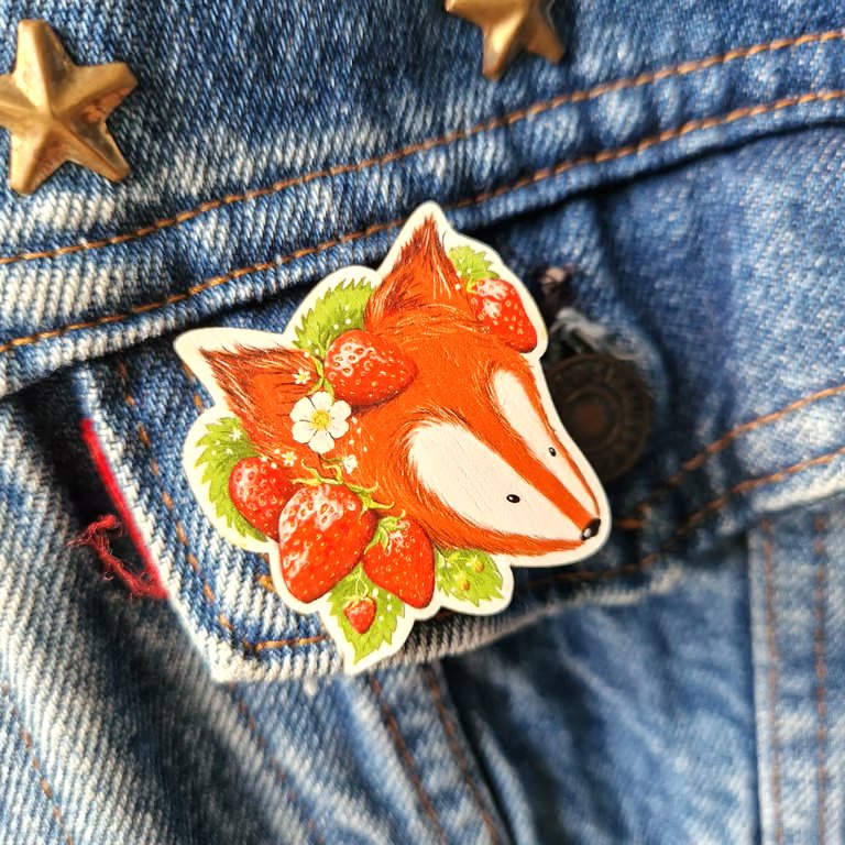 Wooden Pin Badge Brooch - Strawberry Fox 