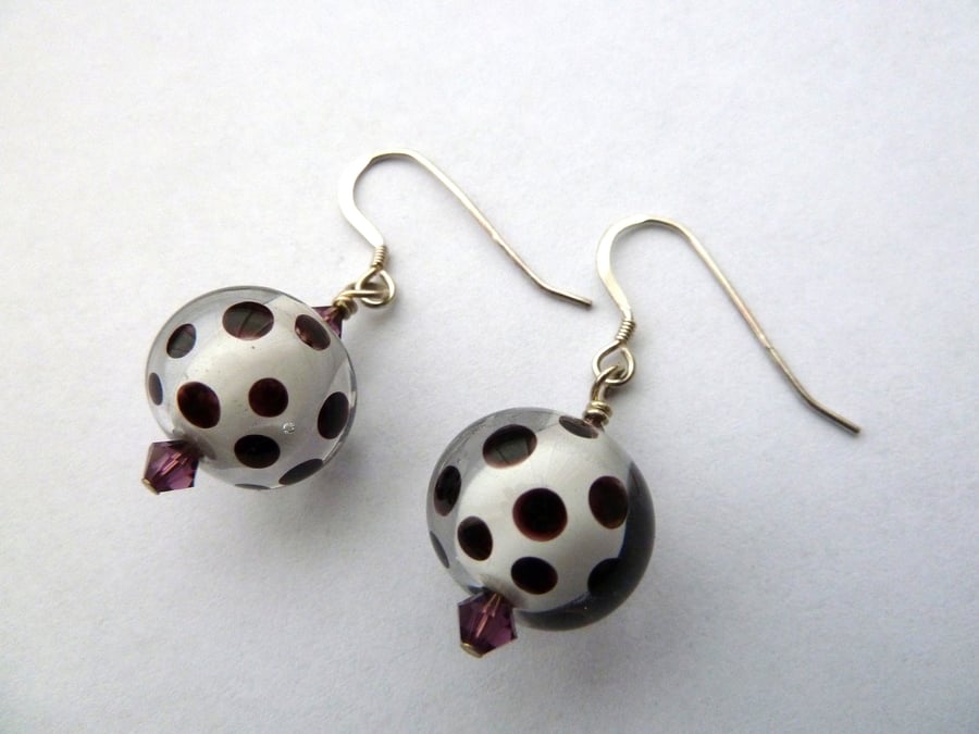 purple spotty lampwork earrings