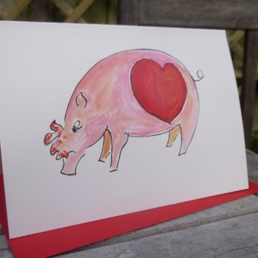 Hand painted bearded pig card, Anniversary, wedding, love heart