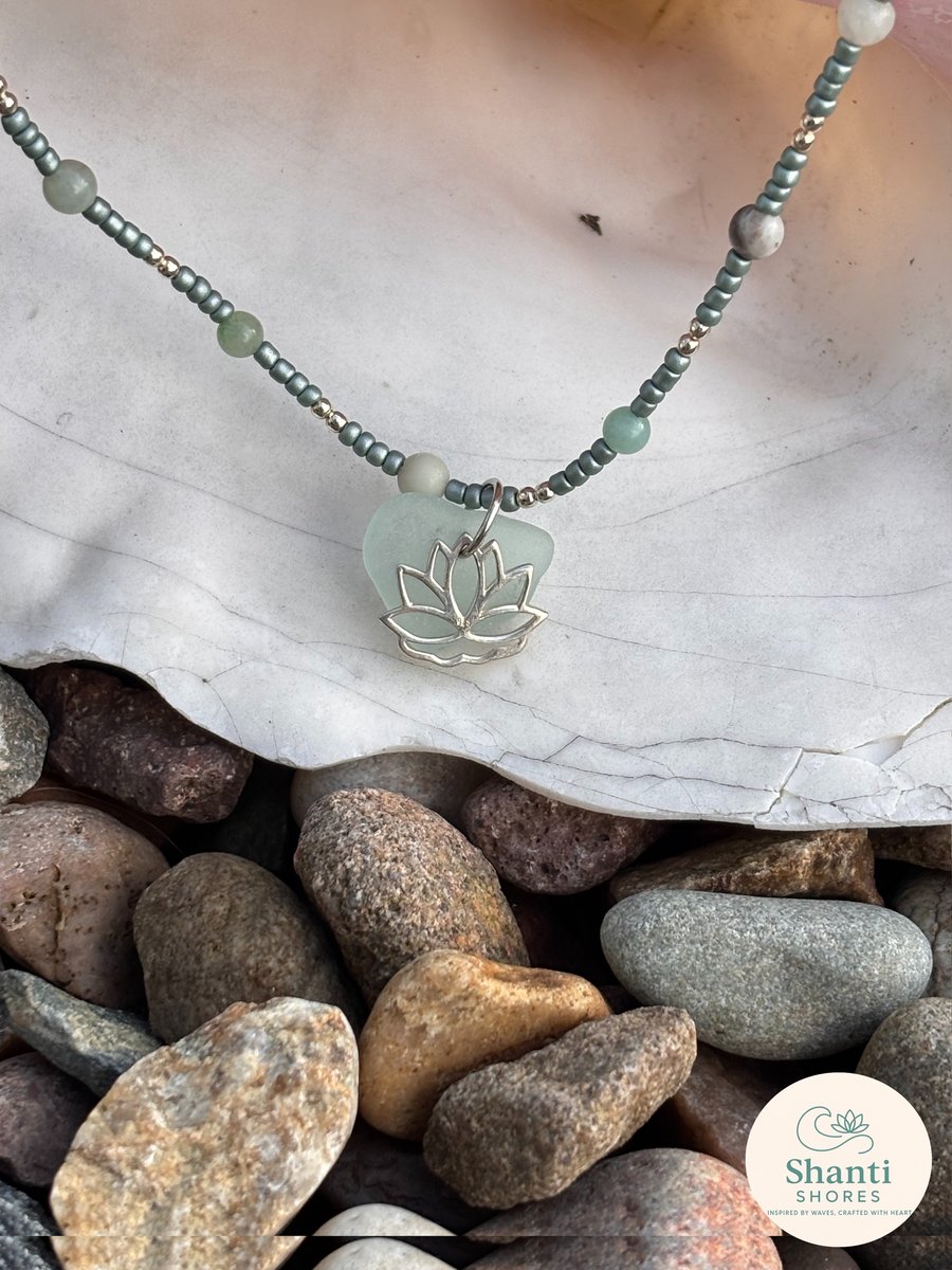 Necklace -  Seaglass and sterling silver lotus charm, amazonite and seed beads