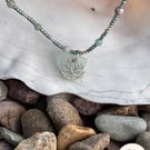 Pale green seaglass and sterling silver lotus charm, amazonite and seed beads