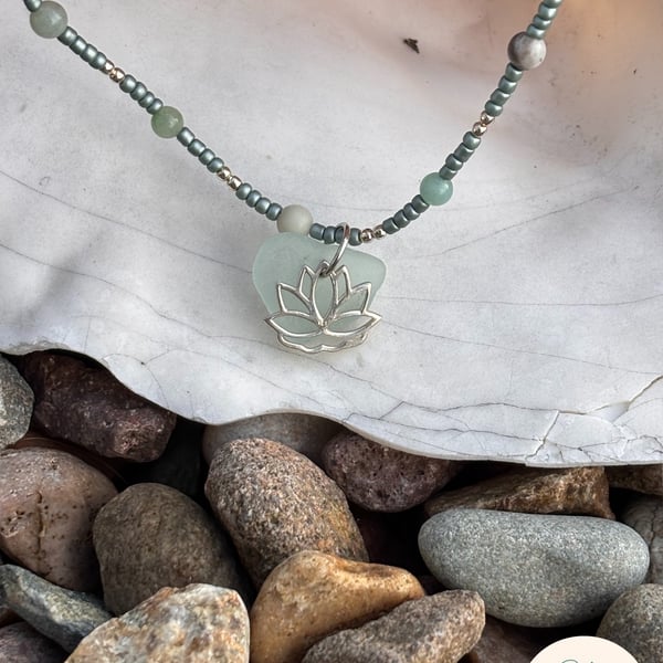 Pale green seaglass and sterling silver lotus charm, amazonite and seed beads