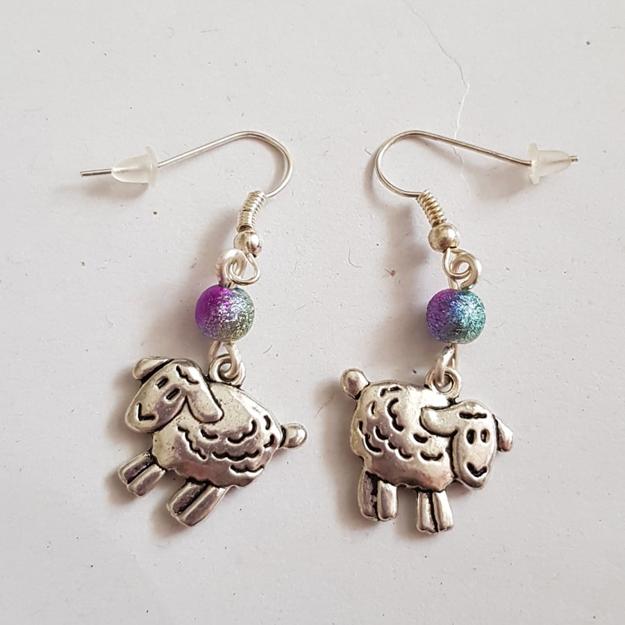 Cute Sheep Dangle Earrings - Rainbow Bead Silver Charm Drop Earrings