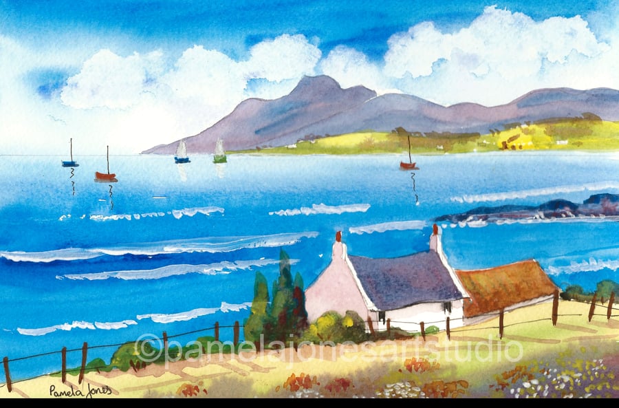 Isle Of Arran, Scottish Highlands, Watercolour Print in 20 x 16'' Mount
