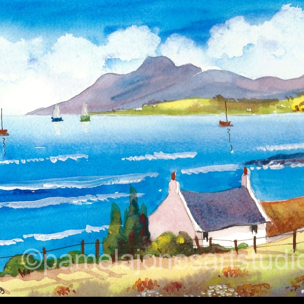 Isle Of Arran, Scottish Highlands, Watercolour Print in 20 x 16'' Mount