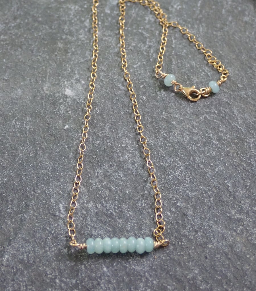 Amazonite Bead Bar Necklace, 14K Gold