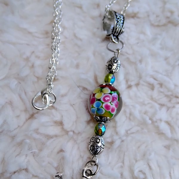 Floral hand-made LAMPWORK bead with Tibetan silver and Swarovski bead NECKLACE