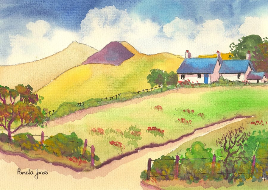 Hillside Cottage, Brecon Beacons, Original Watercolour, in 14 x 11'' Mount