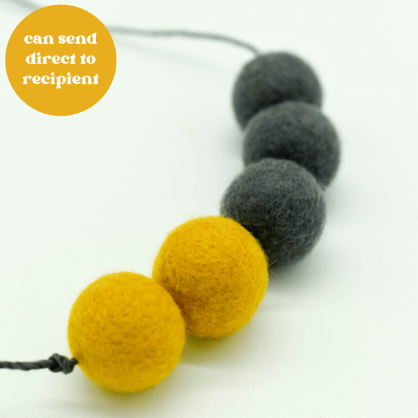 Felted bead necklace in grey and yellow wool