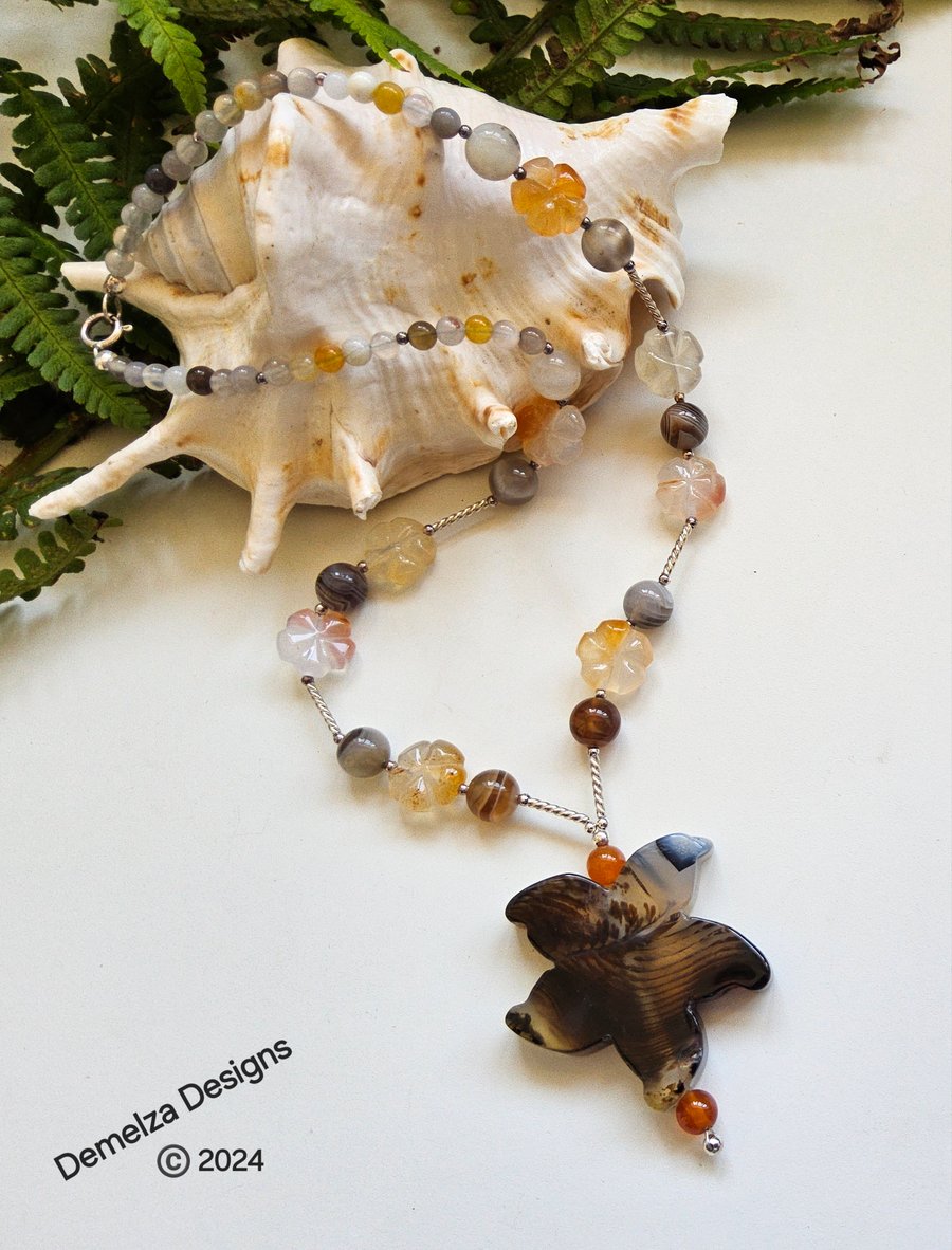 Large Natural Botswana Agate Flower &  Carnelian  Sterling Silver Necklace