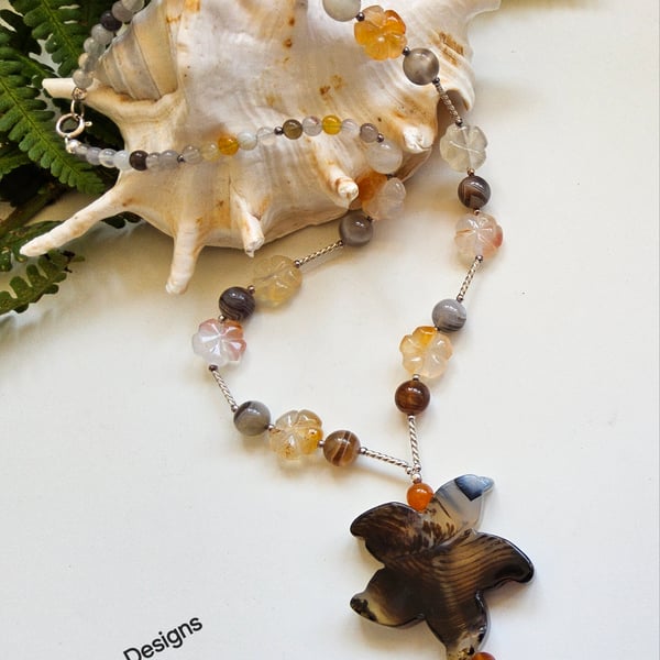 Large Natural Botswana Agate Flower &  Carnelian  Sterling Silver Necklace