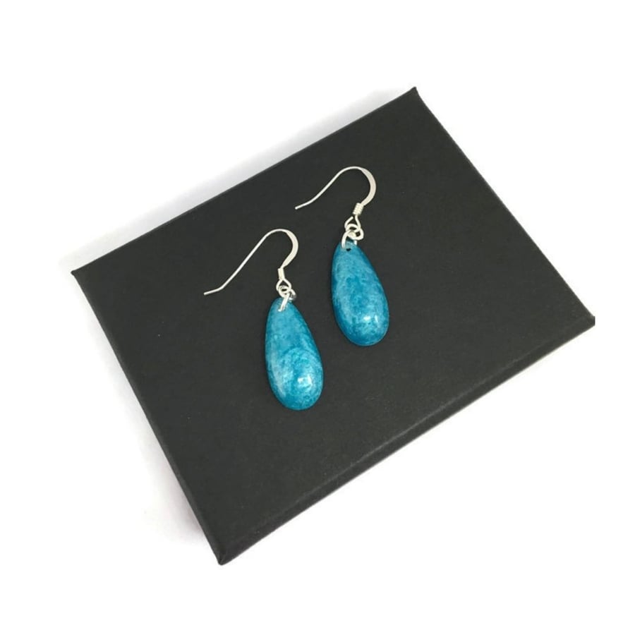 Turquoise blue teardrop small dangle earrings sterling silver.