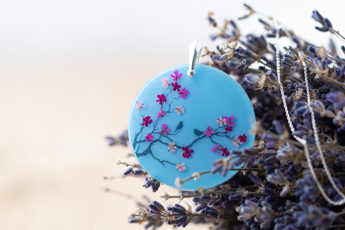 Birds in Blossom Tree Necklace Blue Sky Bird Necklace Real Flower Jewelry Presse