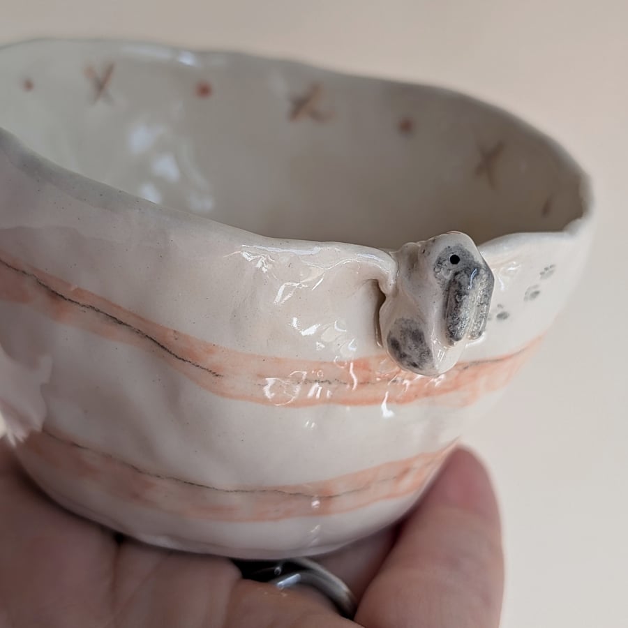 Ceramic tealight wth grey bunny, paw prints & pink stripes, rabbit candle holder