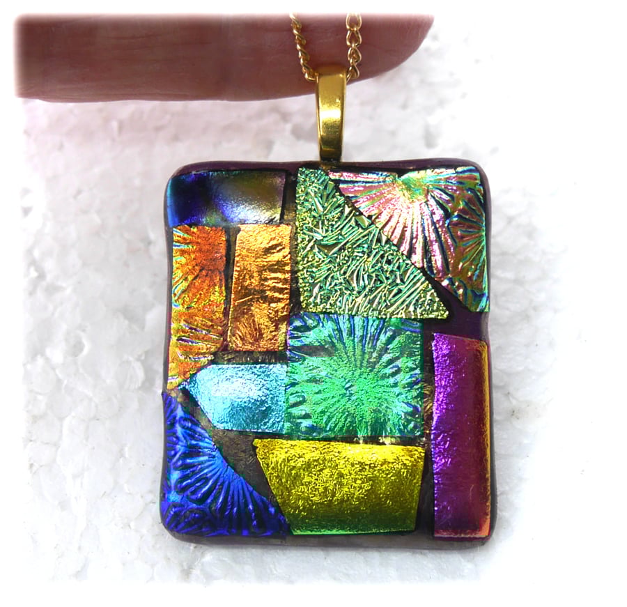 Dichroic Glass S008 Supersize Patchwork Pendant with Gold plated chain