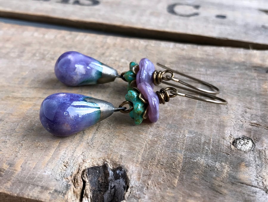 Purple & Green Artisan Ceramic Earrings. Rustic Drop Earrings. Stacked Earrings