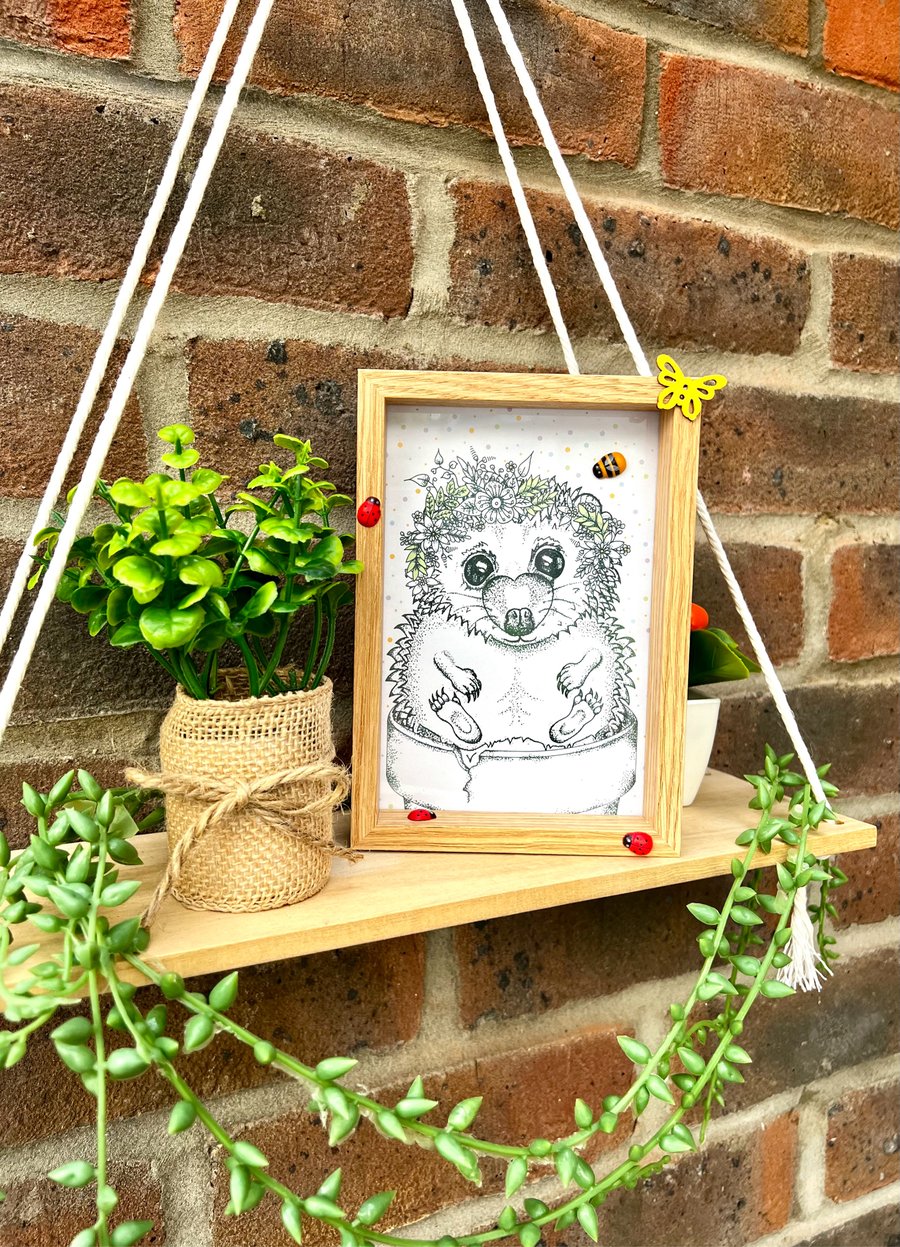 Hedgehog illustration in a wooden themed frame