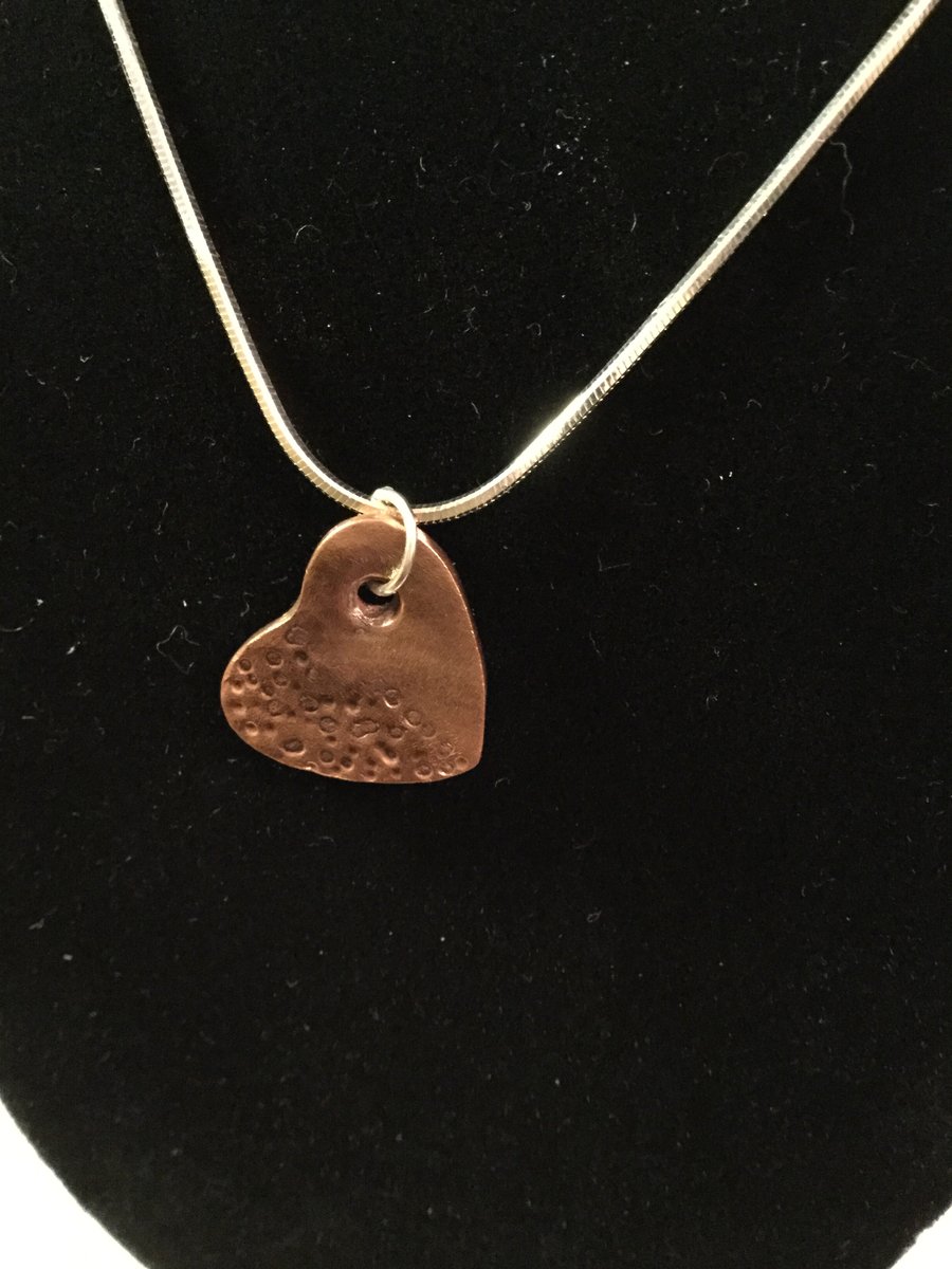 Hand crafted heart two tone copper pendant on 925 silver high shine chain