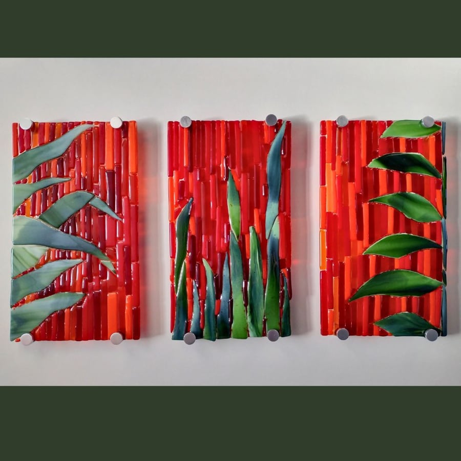 Green and Red Abstract Foliage Fused Glass Wall Art Triptych