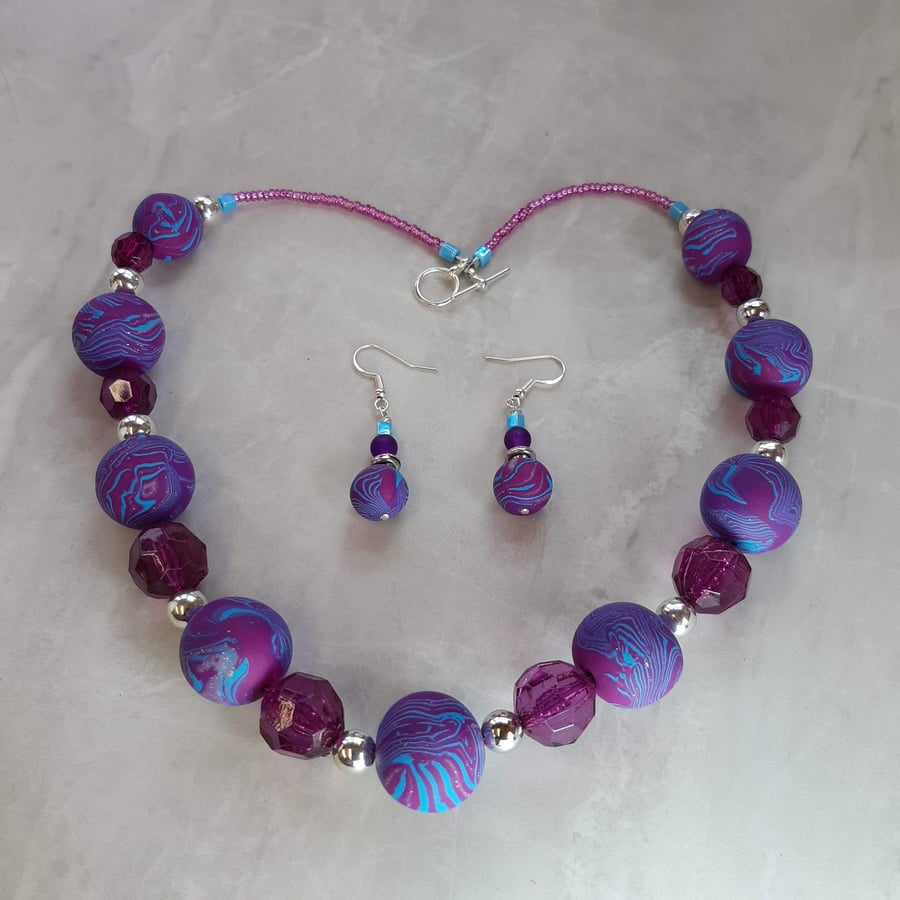 Brightly coloured polymer clay necklace and earrings set