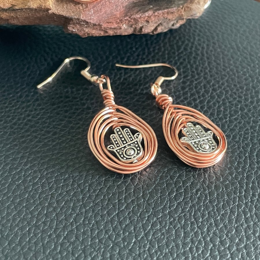Wire Wrapped Copper Hamsa Hand Earrings