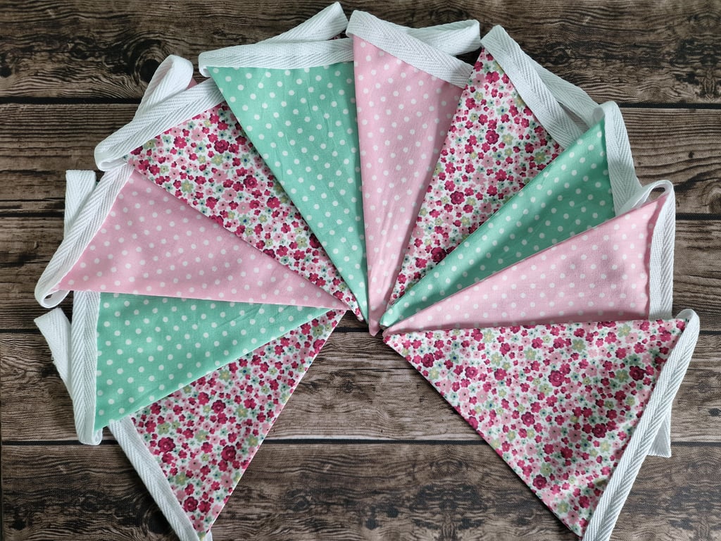 Vintage Style Pink & Mint Fabric Bunting
