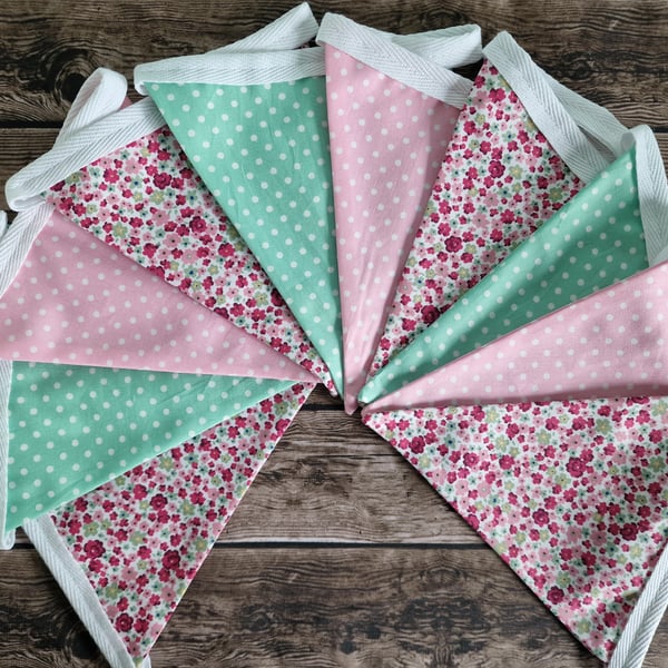 Vintage Style Pink & Mint Fabric Bunting