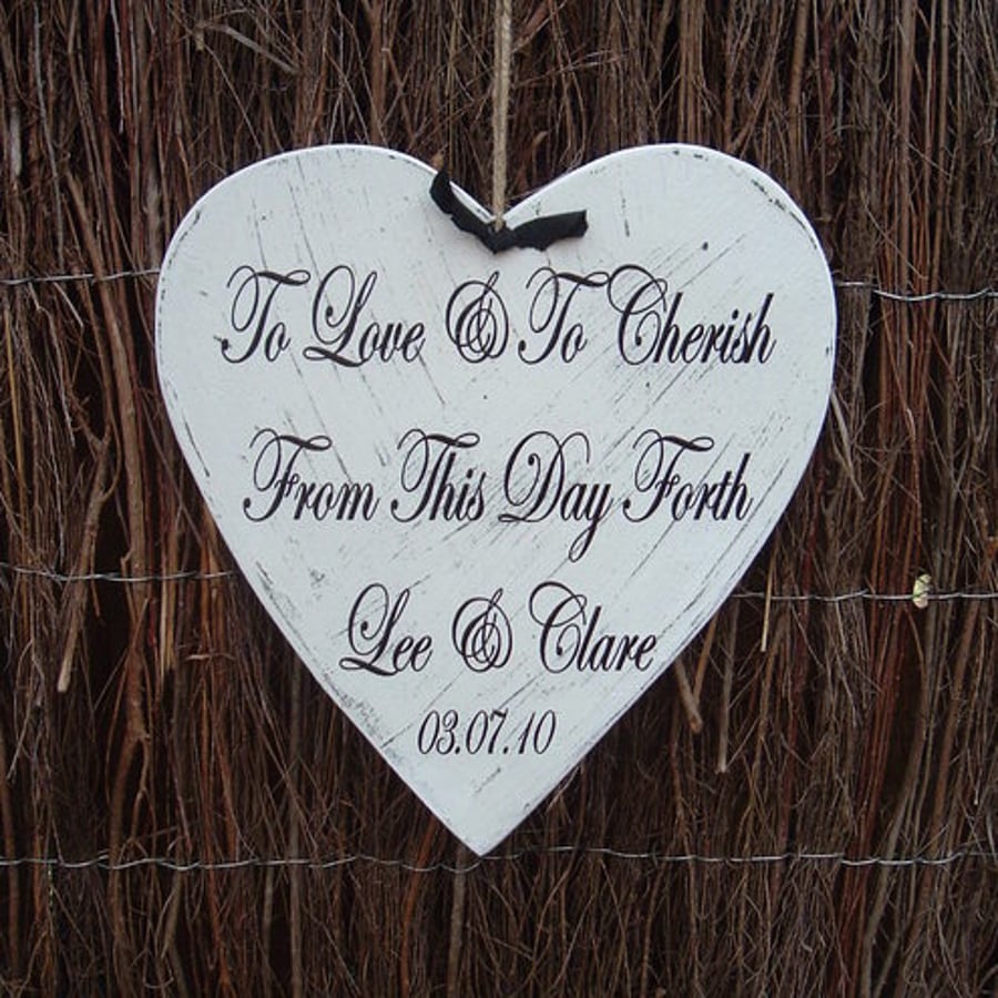 Shabby chic distressed lge heart wedding personalised plaque