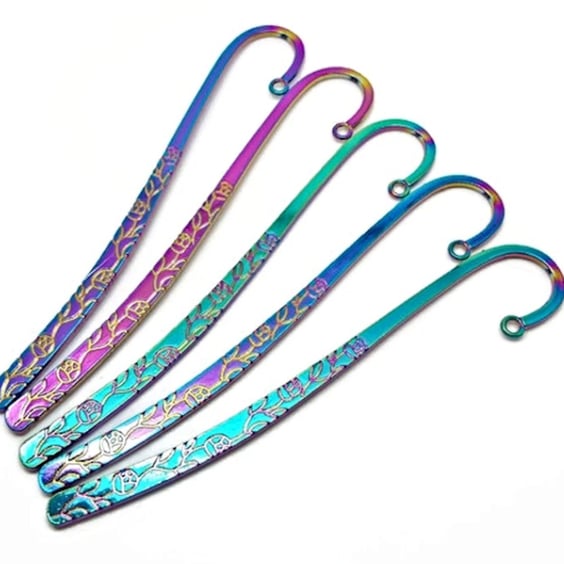 Rainbow Electroplated Bookmarks, Pack of 5 with Flower Engraving, 113mm