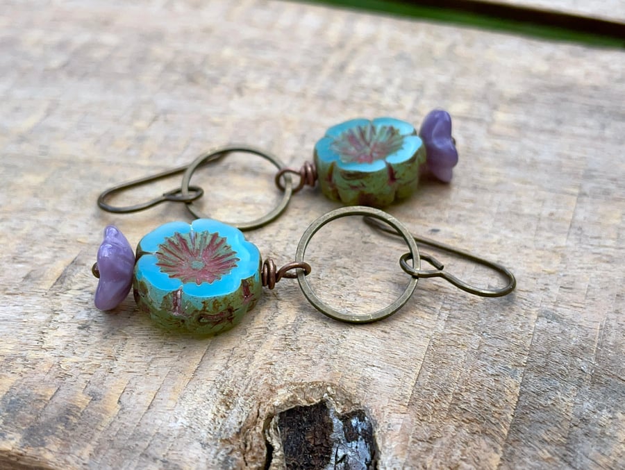 Rustic Flower Bead Earrings in Seafoam Green & Lavender Purple - Nature Inspired