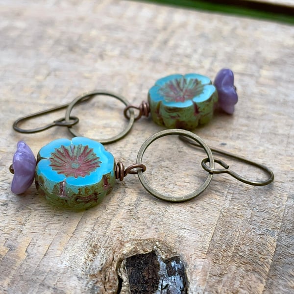 Rustic Flower Bead Earrings in Seafoam Green & Lavender Purple - Nature Inspired