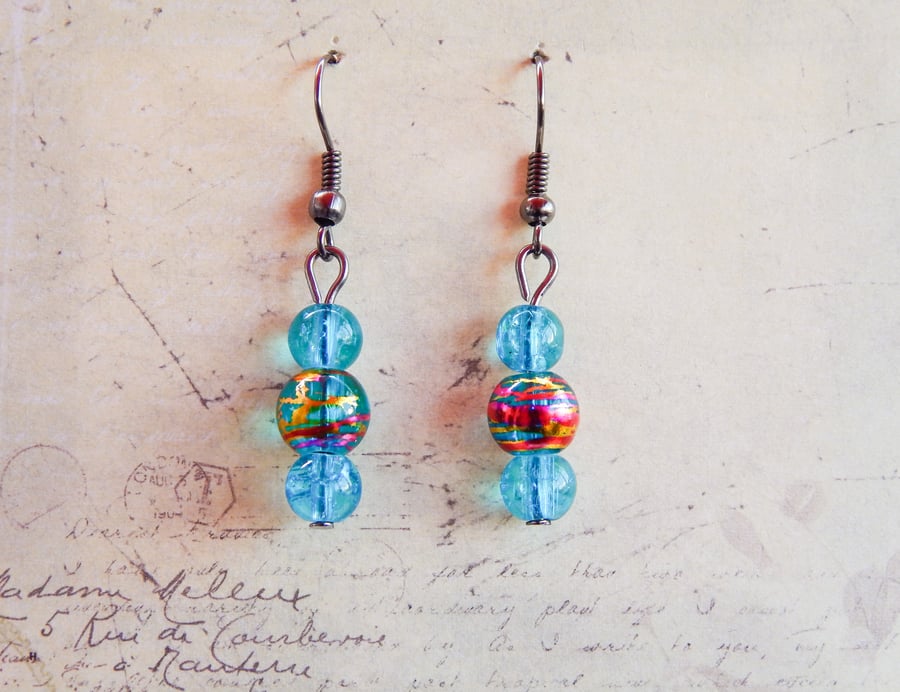 Green and Purple Crackle Glass Bead Earrings