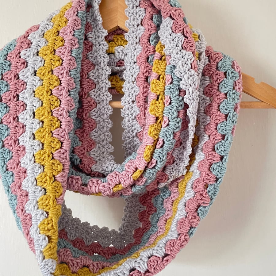 Multicoloured Crochet Infinity Scarf - Handmade - Pink - Mustard - Gifts for Her