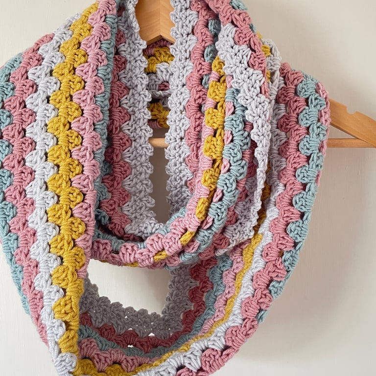 Multicoloured Crochet Infinity Scarf - Handmade - Pink - Mustard - Gifts for Her