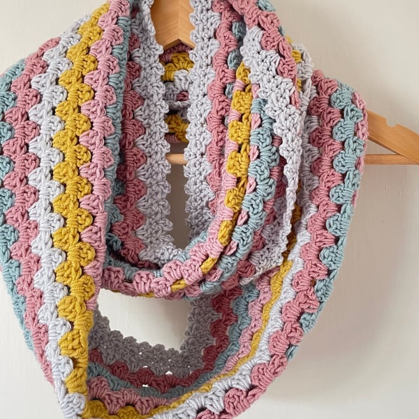 Multicoloured Crochet Infinity Scarf - Handmade - Pink - Mustard - Gifts for Her