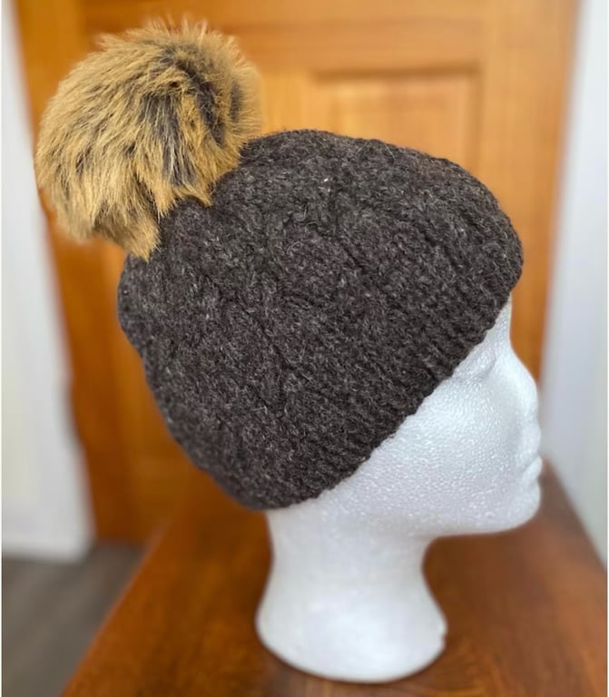 Beanie Hat, Cable, Aran Wool, Matching Pom Pom, Head Circumference  54-56cms