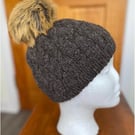 Beanie Hat, Cable, Aran Wool, Matching Pom Pom, Head Circumference  54-56cms