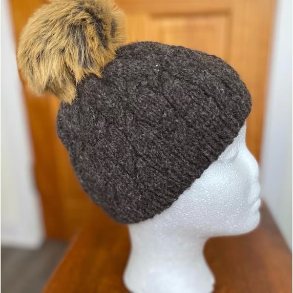 Beanie Hat, Cable, Aran Wool, Matching Pom Pom, Head Circumference  54-56cms